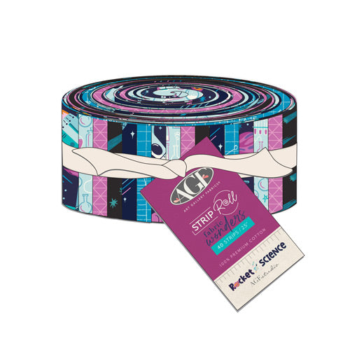 Colorful fabric strip roll with a label on a white background