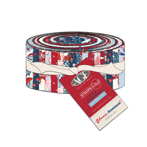 Roll of fabric strips with a colorful pattern on a white background