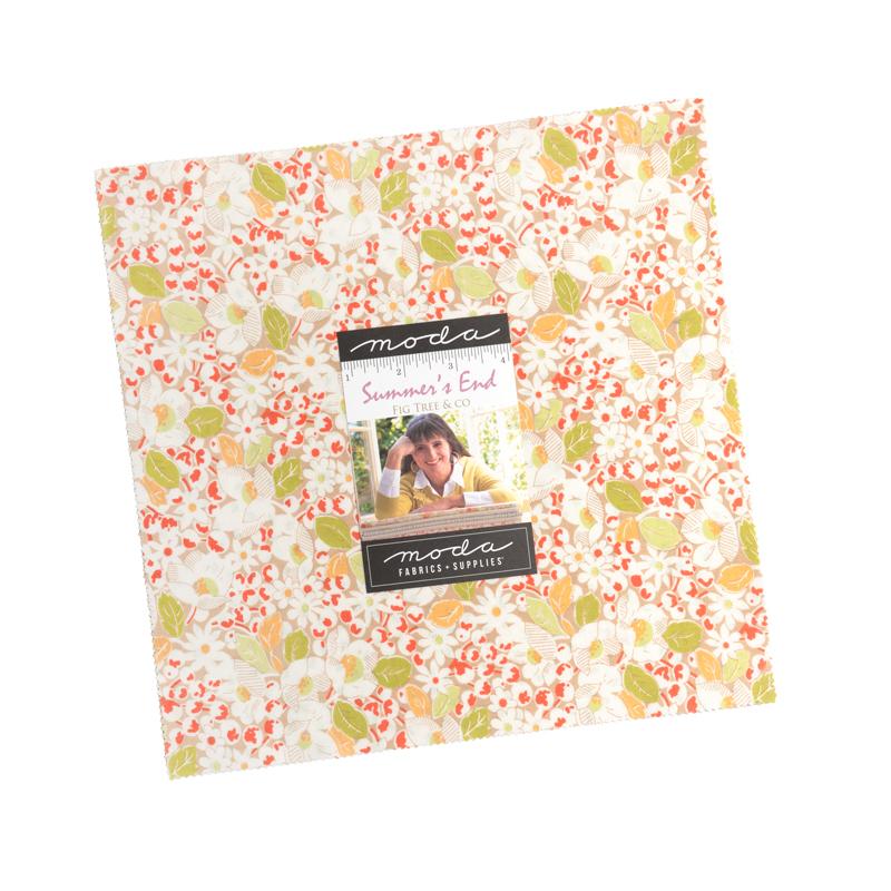 Floral patterned fabric with 'Moda' label on a white background