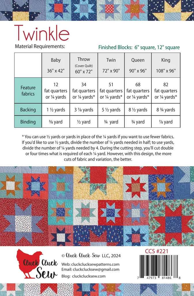 Quilt pattern guide with fabric requirements for various sizes, featuring colorful star designs.