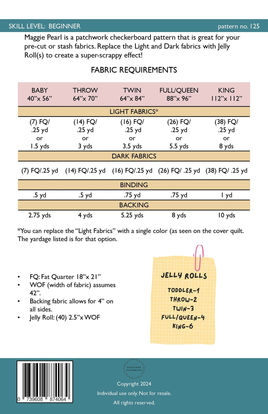 Fabric requirements chart for a patchwork quilt pattern on a blue background