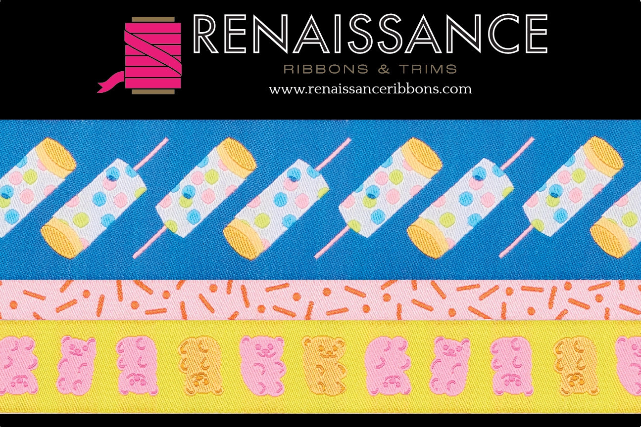 Renaissance Ribbons & Trims packaging with colorful ribbons on a blue background