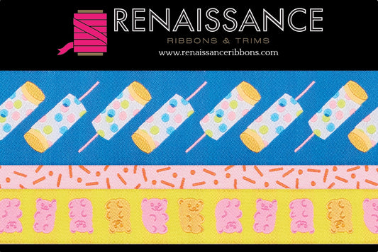 Renaissance Ribbons & Trims packaging with colorful ribbons on a blue background