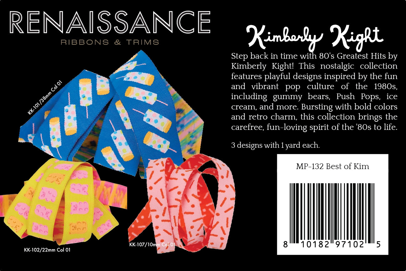 Renaissance ribbons and trims packaging with colorful ribbons and text on a black background