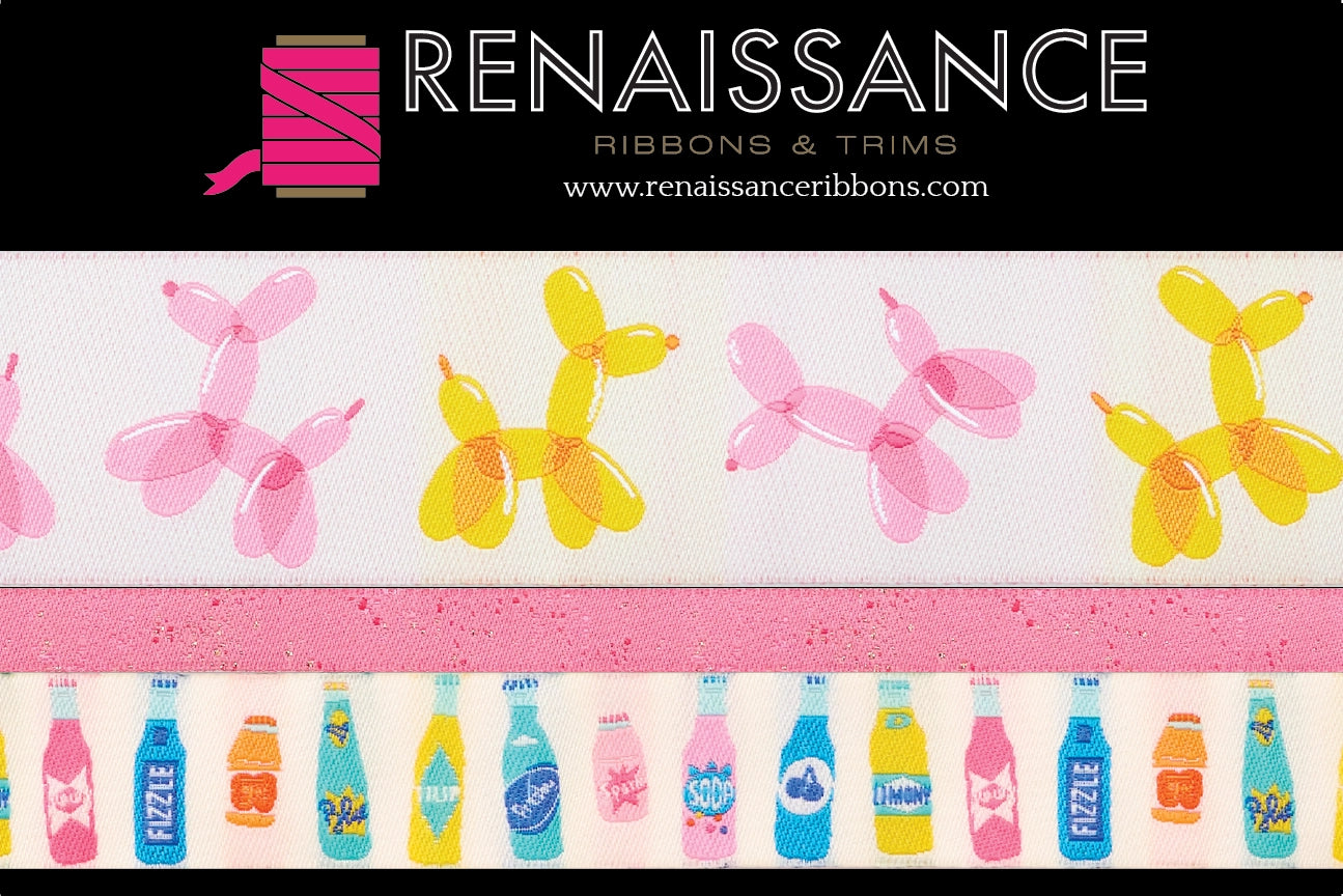 Decorative ribbon with balloon dog and soda bottle designs, branded 'Renaissance Ribbons & Trims'.