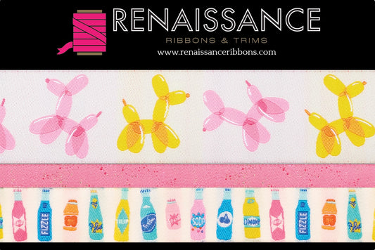 Decorative ribbon with balloon dog and soda bottle designs, branded 'Renaissance Ribbons & Trims'.