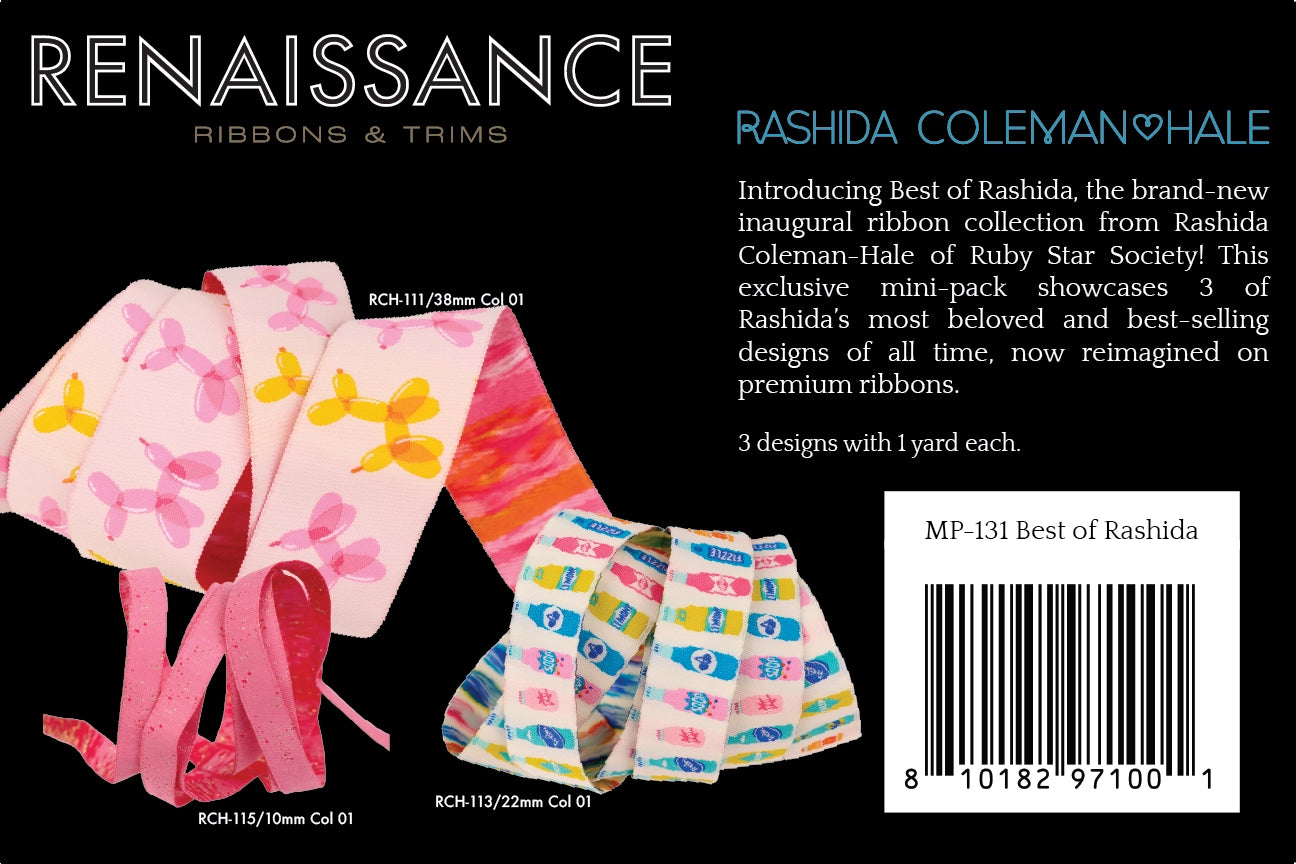 Rashida Coleman-Hale ribbon collection packaging with ribbons and trims on a black background.