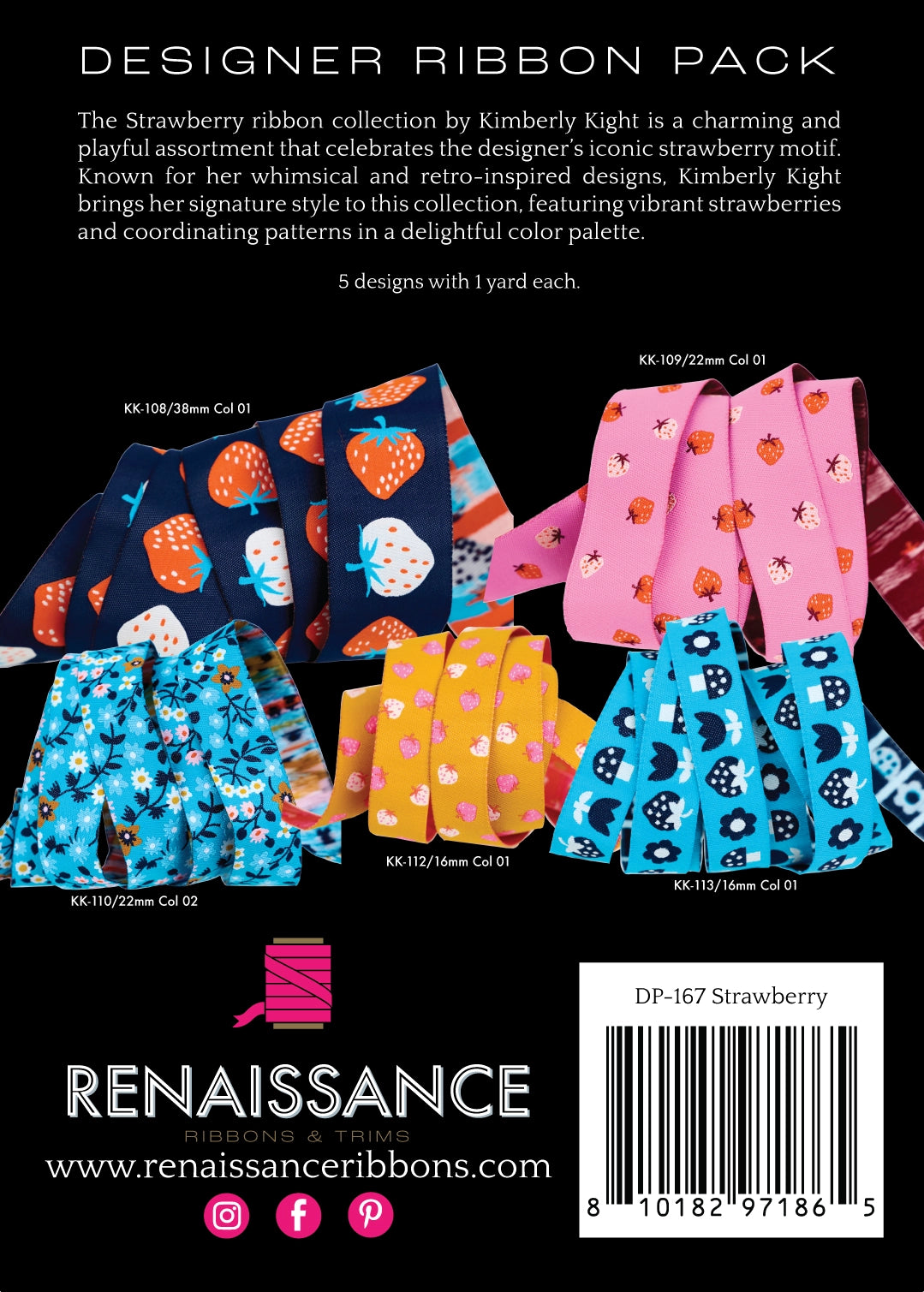 image of a Strawberry ribbon pack by Kimberly Night with colorful ribbons on a black background.