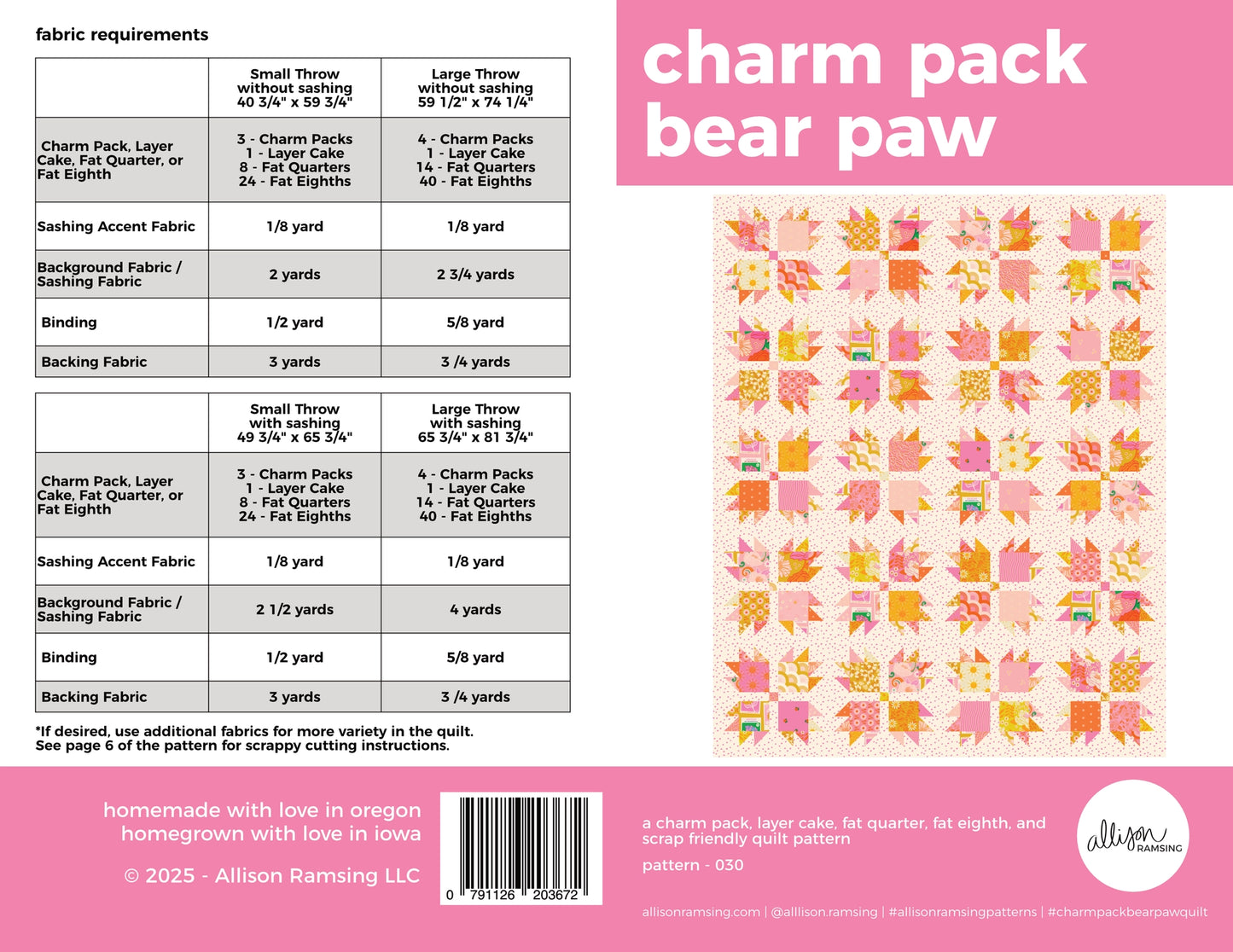 Fabric requirements chart for a charm pack with bear paw pattern on a pink background