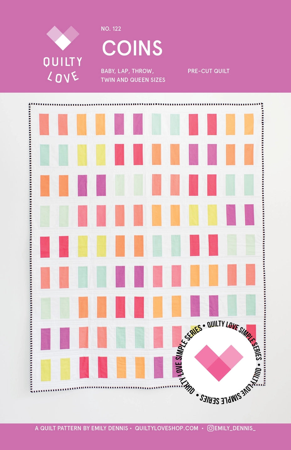 Pre-cut quilt pattern packaging with colorful diamond shapes and 'Quilty Love' branding.