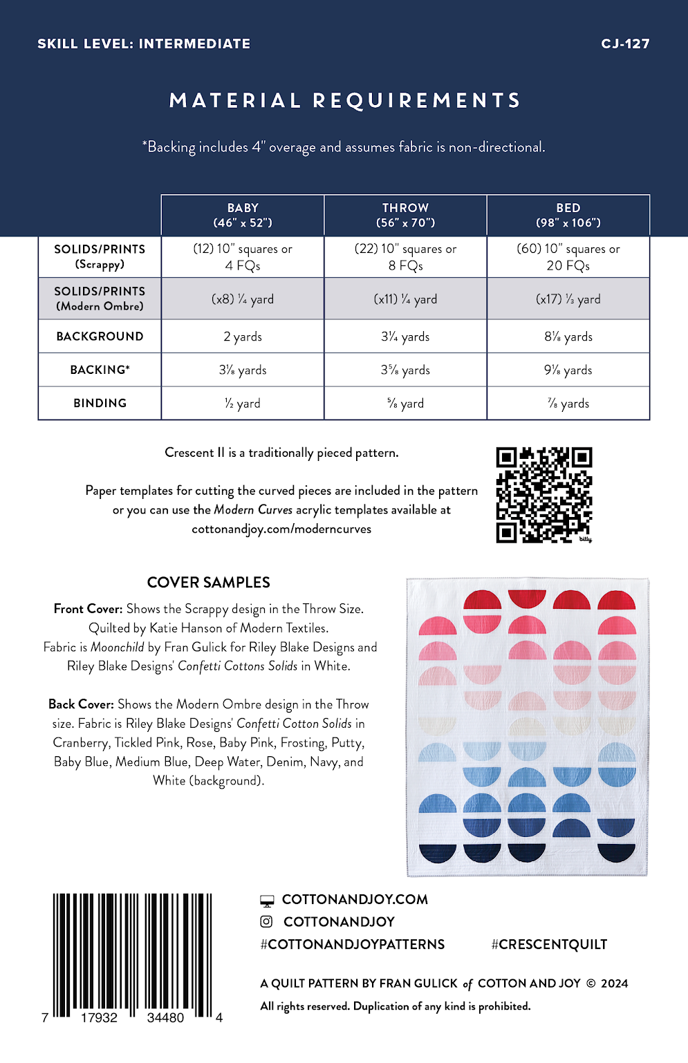 Pattern book page with material requirements, cover samples, and QR code for additional information.