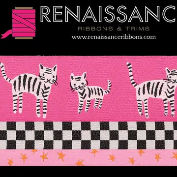 Pink fabric with zebra pattern and checkered border, featuring Renaissance Ribbons & Trims branding.