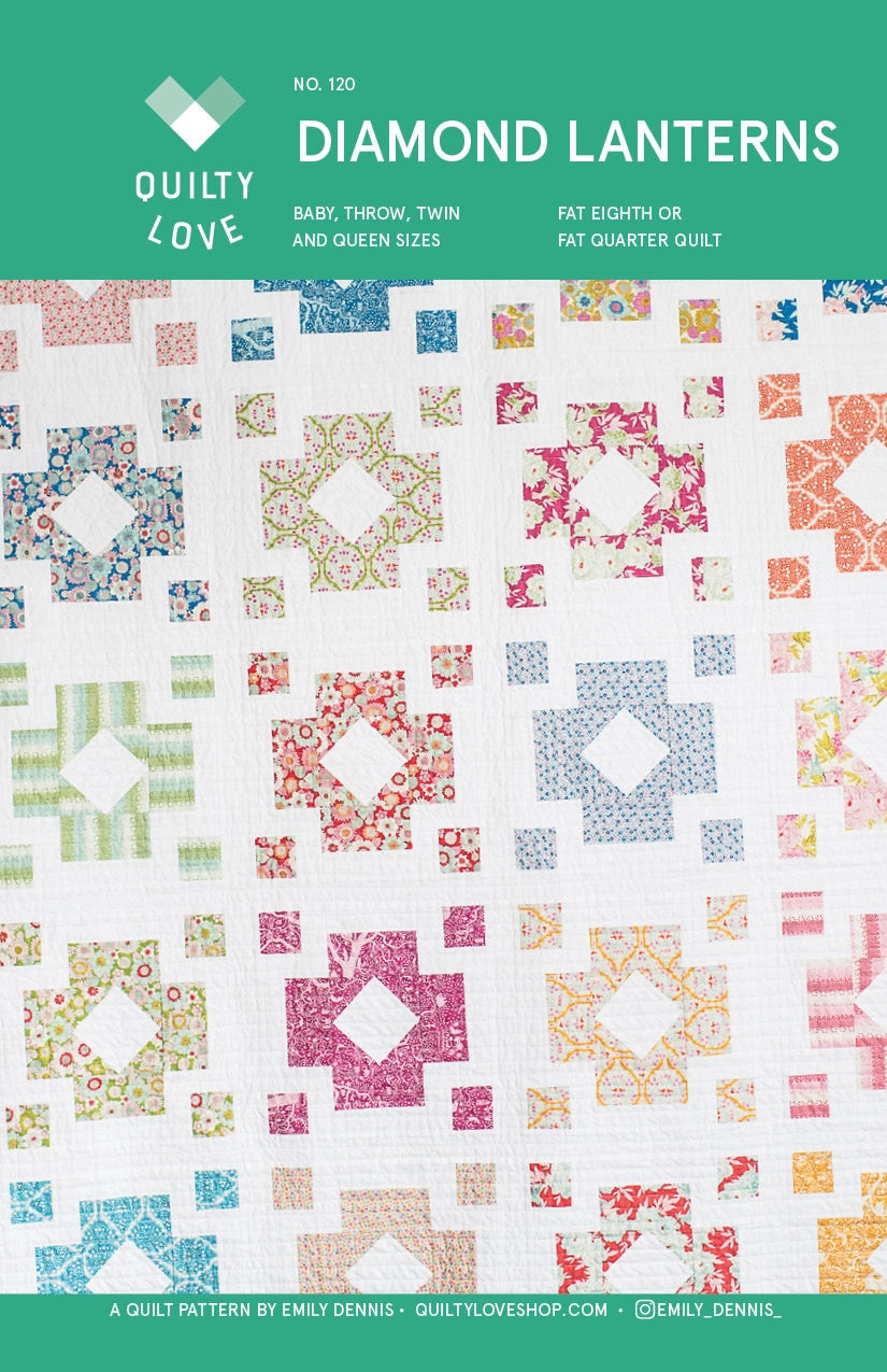 Quilt pattern cover for 'Diamond Lanterns' with colorful quilt design on a white background.