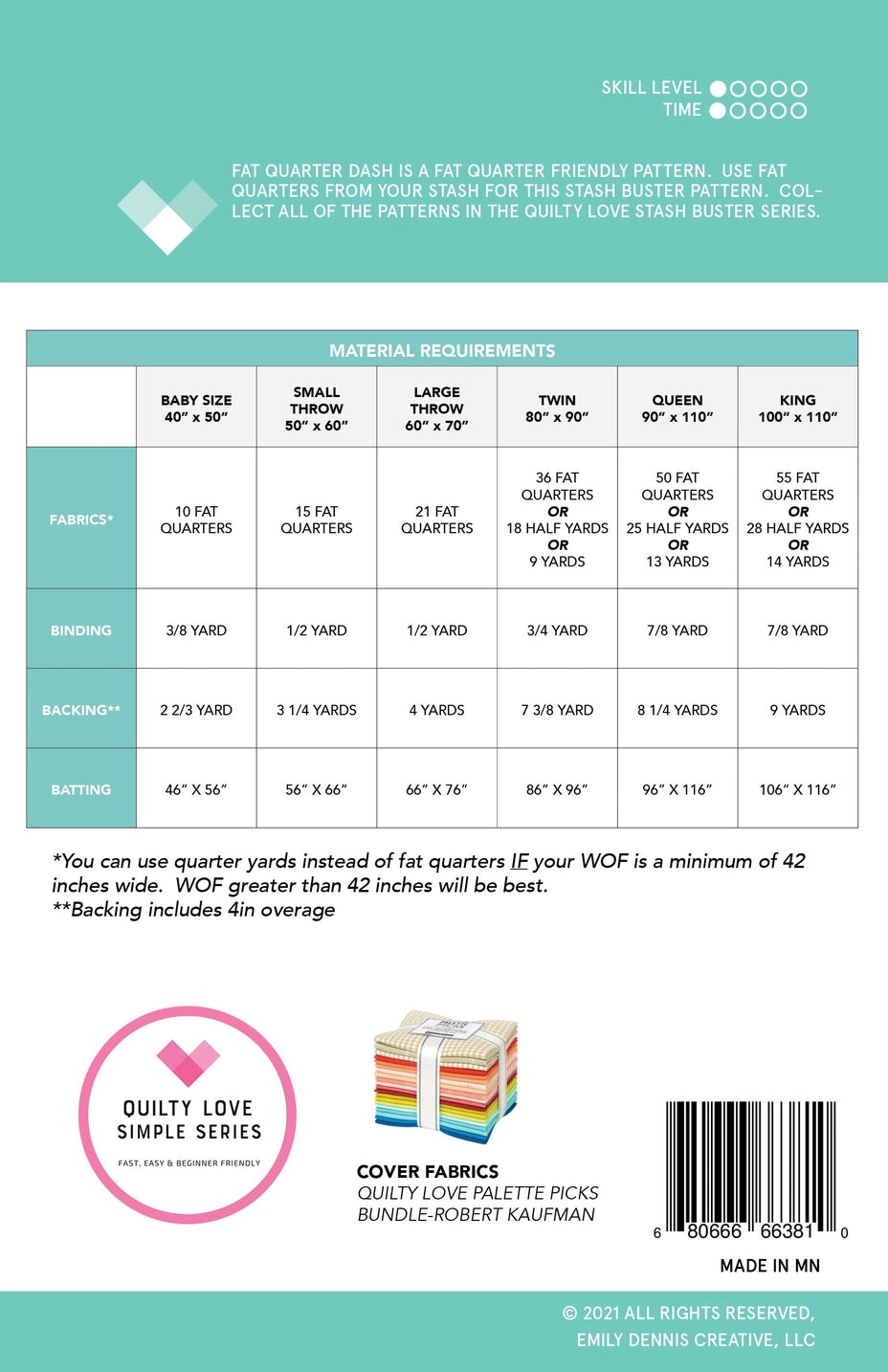 Pattern for a quilt with material requirements and branding information.