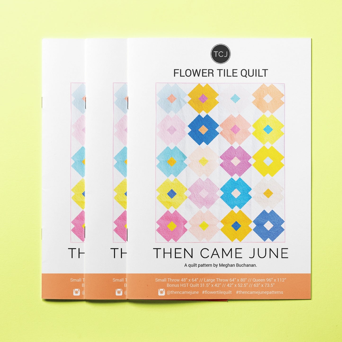 Flower tile quilt pattern book with colorful quilt design on a yellow background