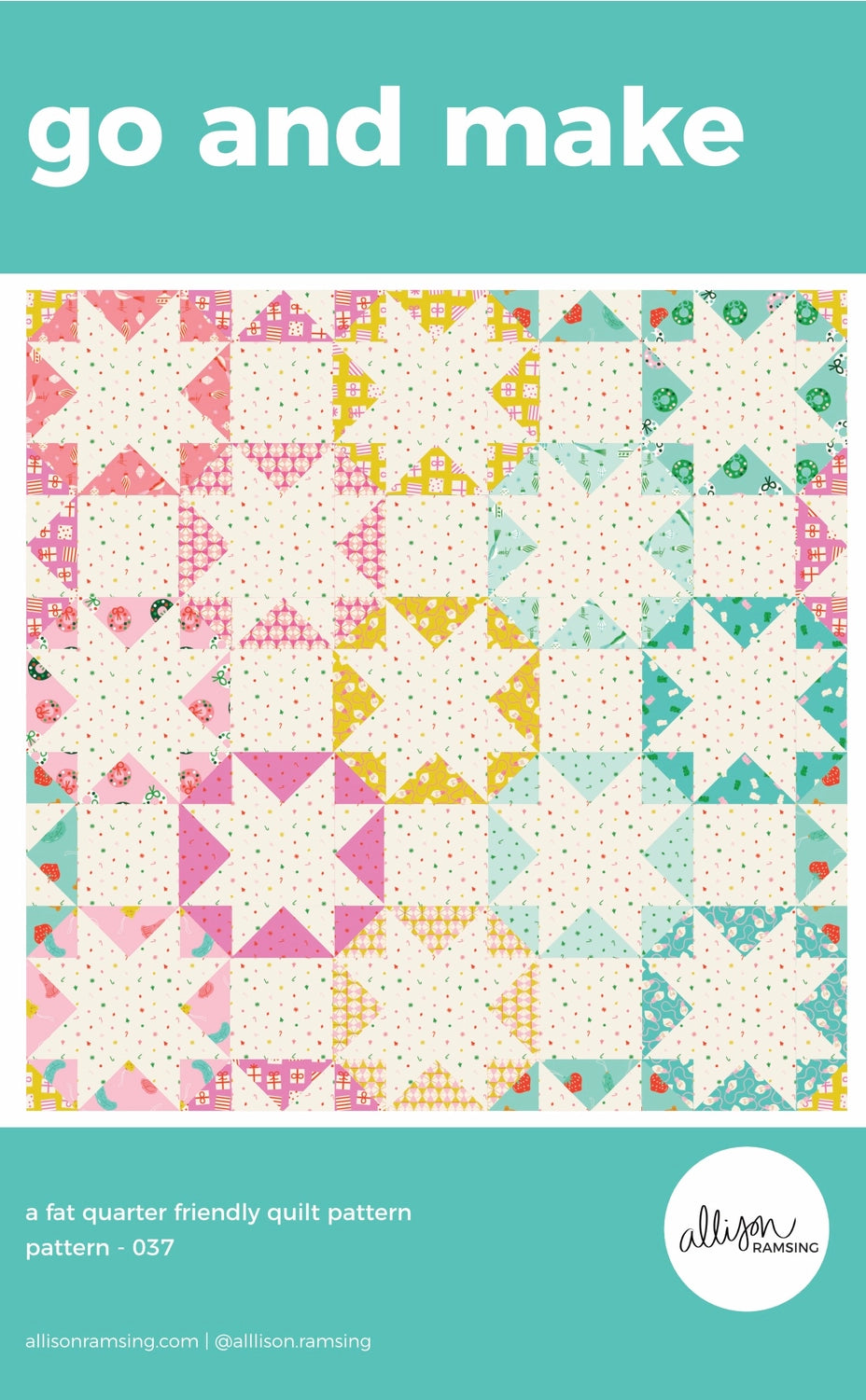 Quilt pattern cover with colorful quilt design on a teal background