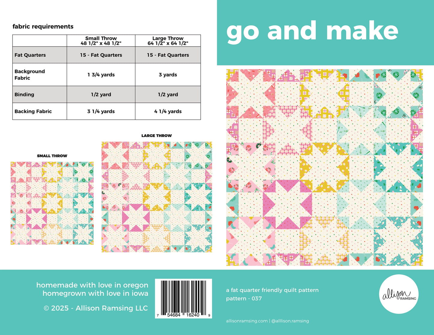 Quilt pattern book with fabric requirements and quilt design on a teal background
