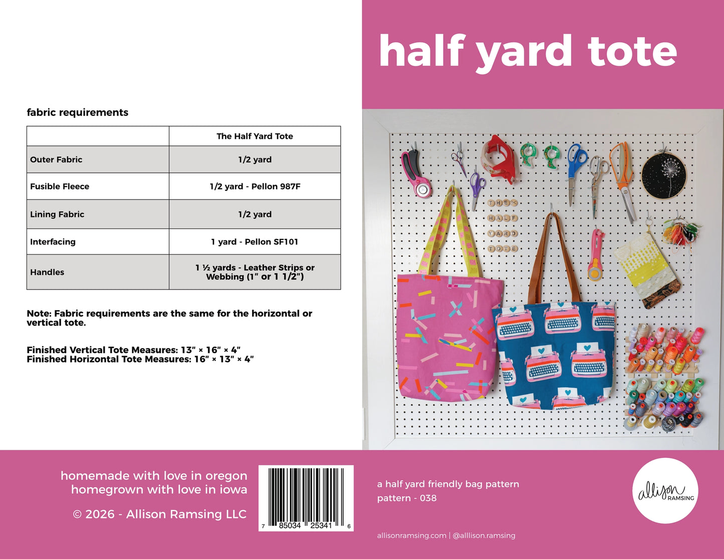Pattern book cover for 'half yard tote' with fabric requirements and sample tote bags on a pegboard.