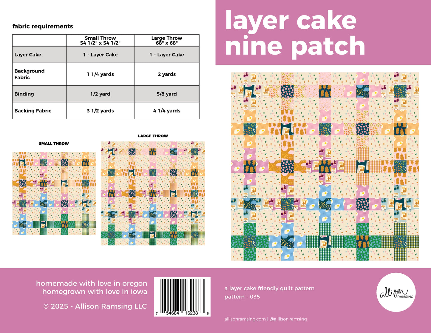 Quilt pattern packaging for 'Layer Cake Nine Patch' with fabric requirements and quilt images.