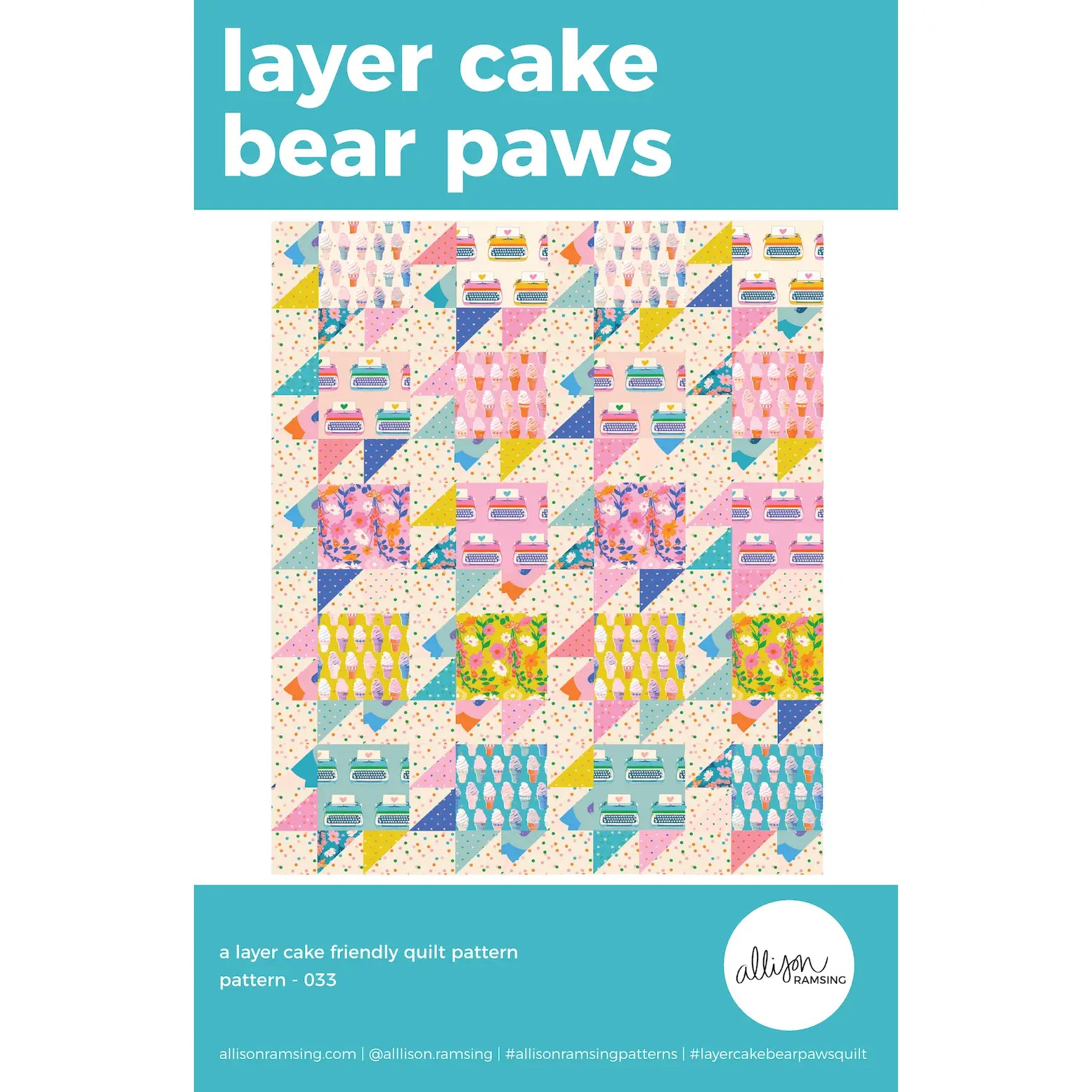 Quilt pattern cover with colorful geometric design and 'layer cake bear paws' text on a white background.