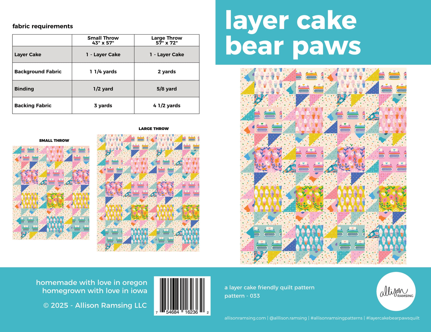 Quilt pattern packaging with fabric requirements and colorful quilt design.
