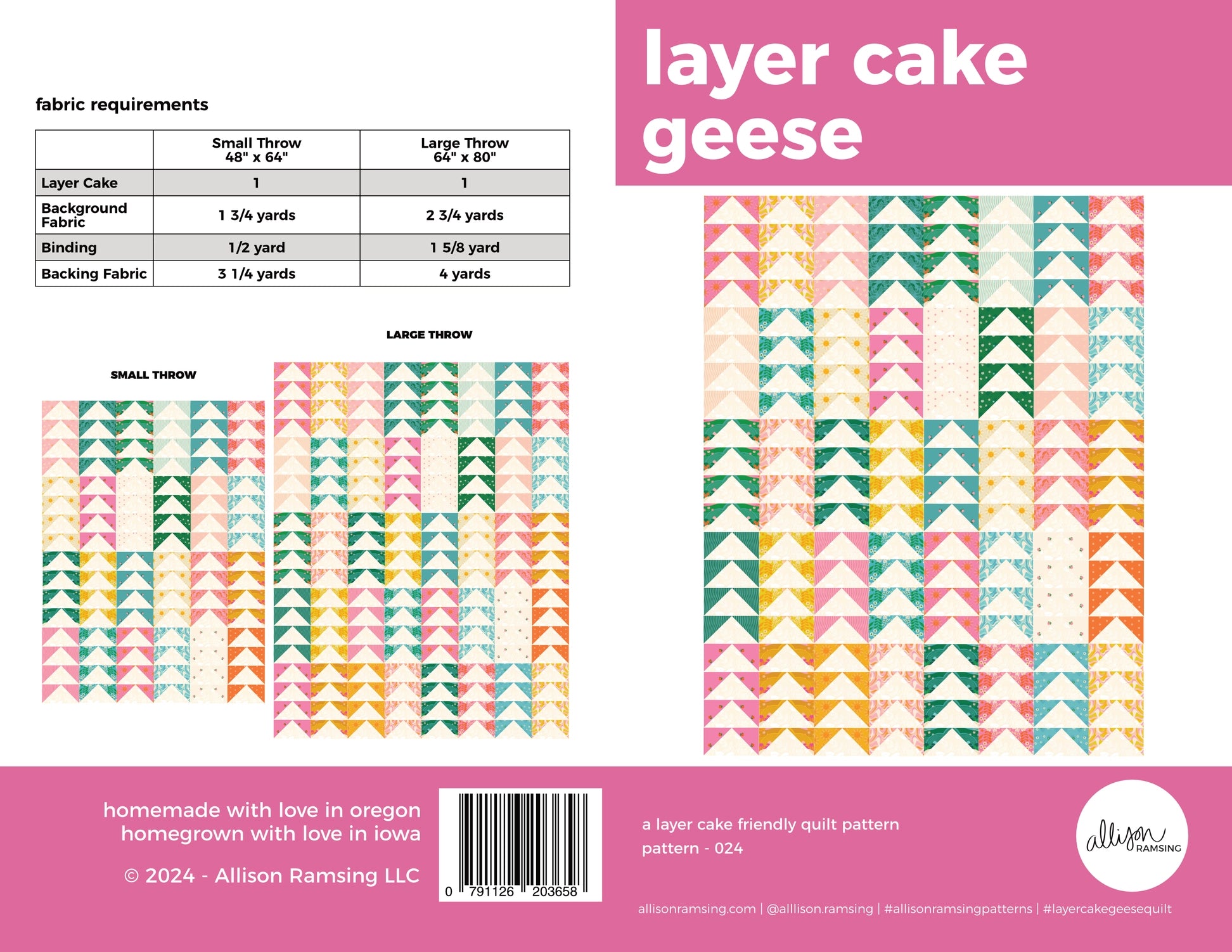 Quilt pattern packaging with fabric requirements and colorful triangle design on a pink background