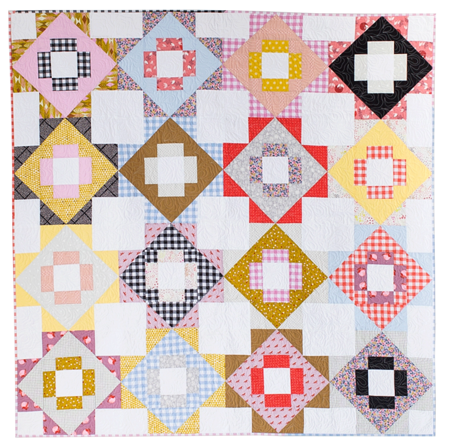 Quilt with colorful square patterns on a white background