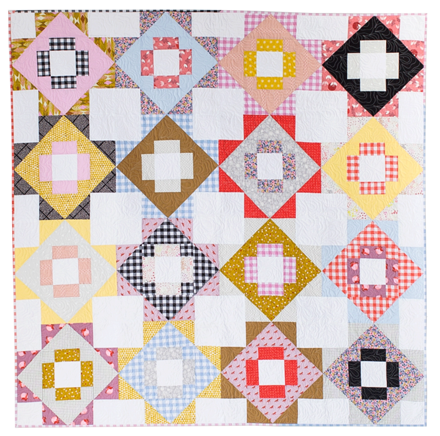 Quilt with colorful square patterns on a white background