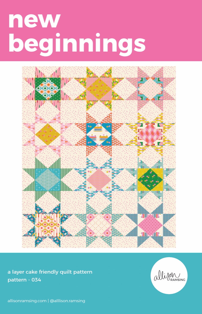Quilt pattern cover with colorful quilt design and 'new beginnings' text on a pink and blue background.