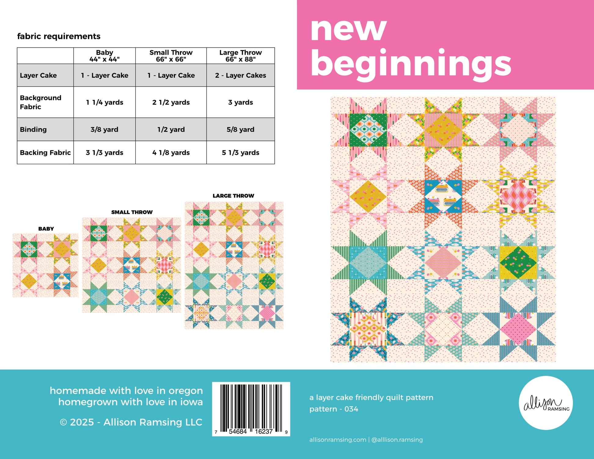 Quilt pattern book cover with quilt design, fabric requirements chart, and Allison Ramling branding.