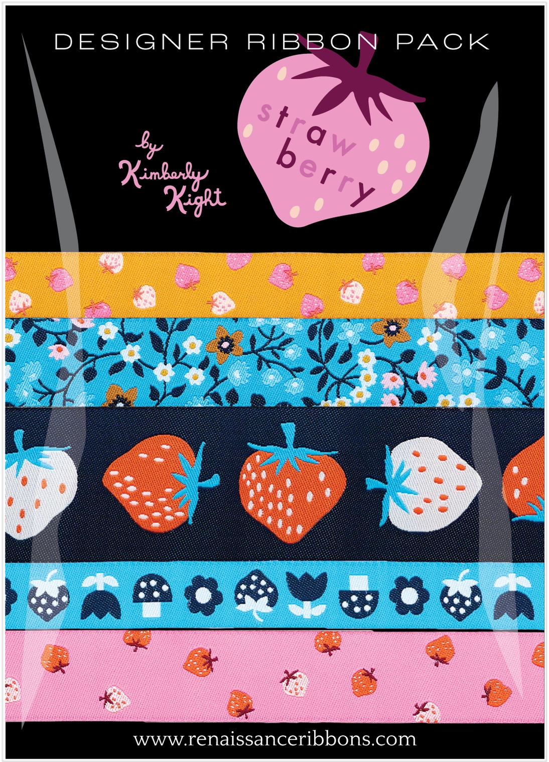 Designer ribbon pack with strawberry-themed designs on a black background