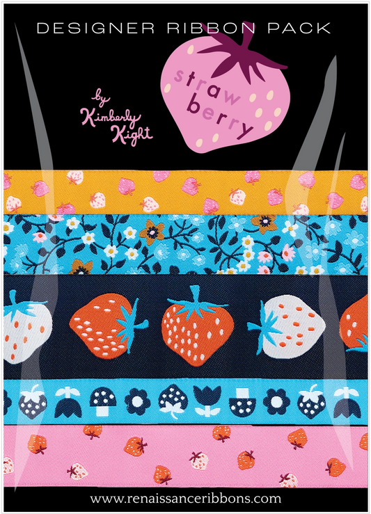 Designer ribbon pack with strawberry-themed designs on a black background